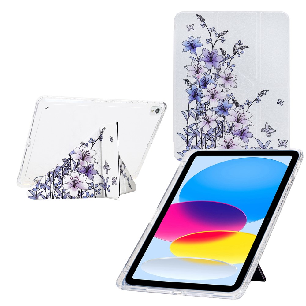 Tablet Case For iPad 10.2 (2020) / (2019) / Air 10.5 inch (2019) , Y-Fold Stand Pattern Print Leather + Clear Acrylic Cover - Purple Flower