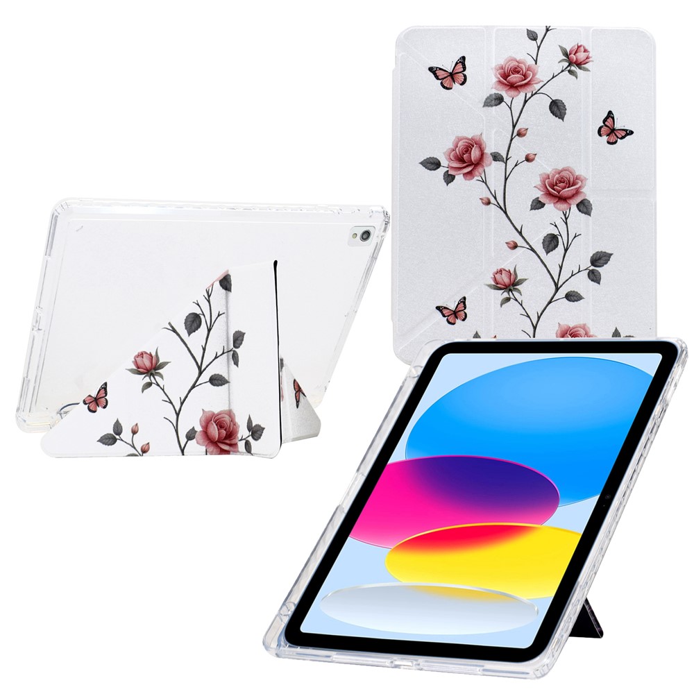Tablet Case For iPad 10.2 (2020) / (2019) / Air 10.5 inch (2019) , Y-Fold Stand Pattern Print Leather + Clear Acrylic Cover - Rose Butterfly