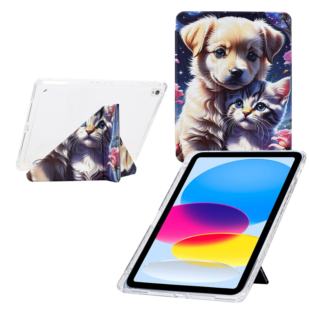 Tablet Case For iPad 10.2 (2020) / (2019) / Air 10.5 inch (2019) , Y-Fold Stand Pattern Print Leather + Clear Acrylic Cover - Cat and Dog