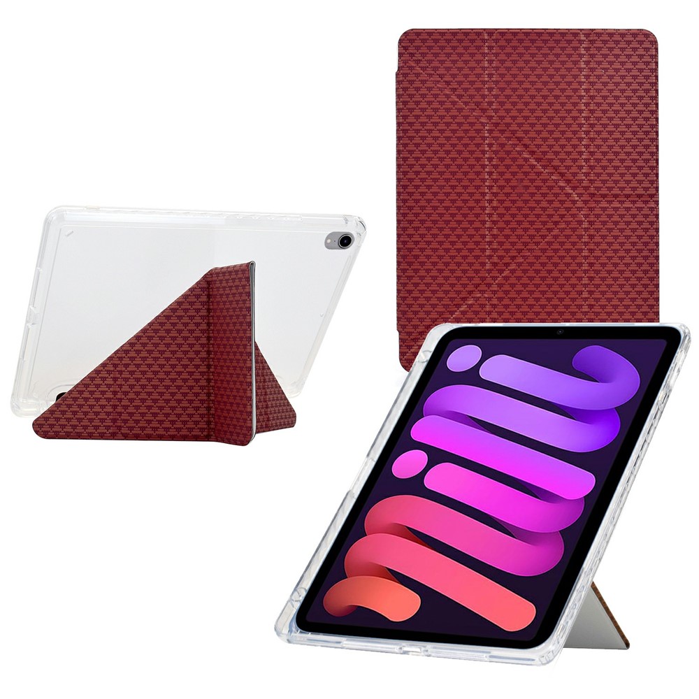 For iPad mini (2024) / (2021) Case Y-Fold Stand Pyramid-patterned Leather + Clear Acrylic Tablet Cover with Pencil Holder - Red