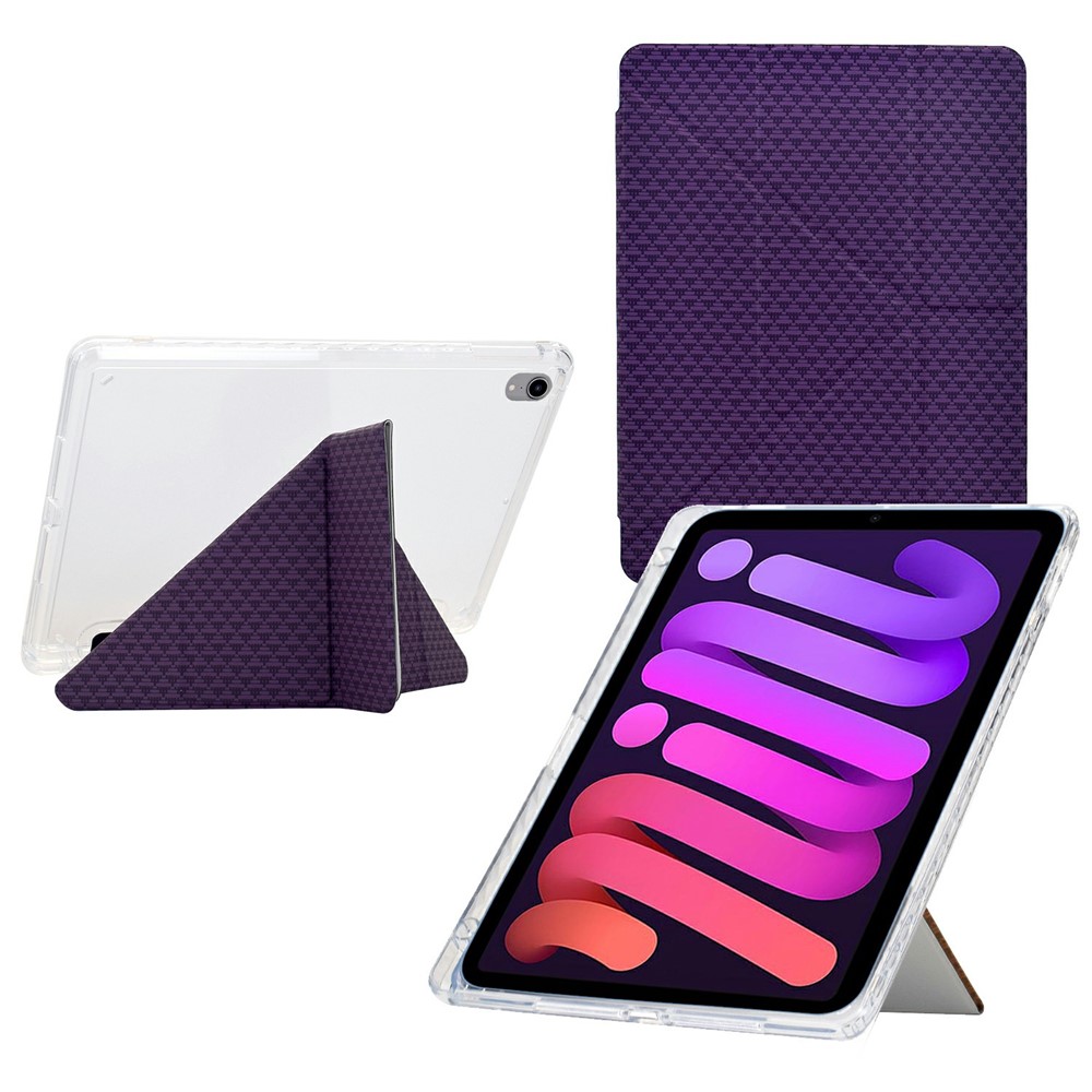 For iPad mini (2024) / (2021) Case Y-Fold Stand Pyramid-patterned Leather + Clear Acrylic Tablet Cover with Pencil Holder - Purple