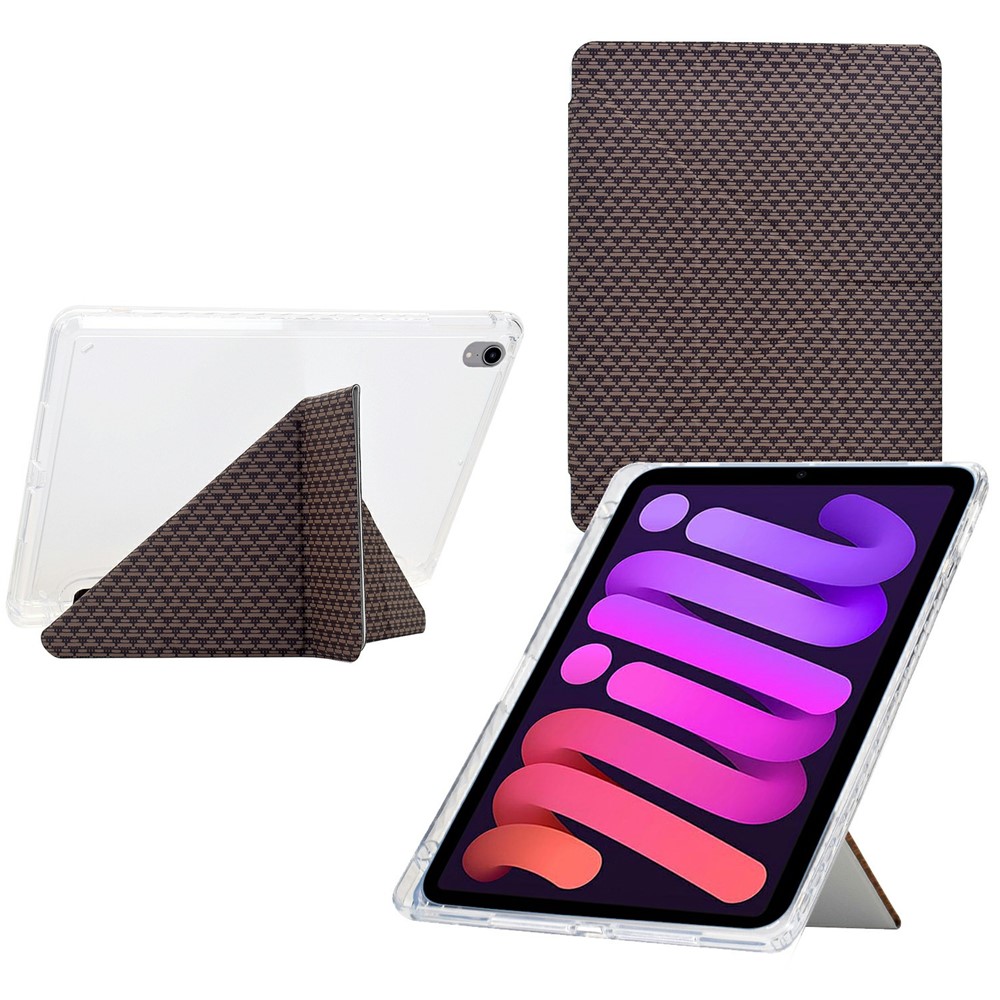 For iPad mini (2024) / (2021) Case Y-Fold Stand Pyramid-patterned Leather + Clear Acrylic Tablet Cover with Pencil Holder - Brown