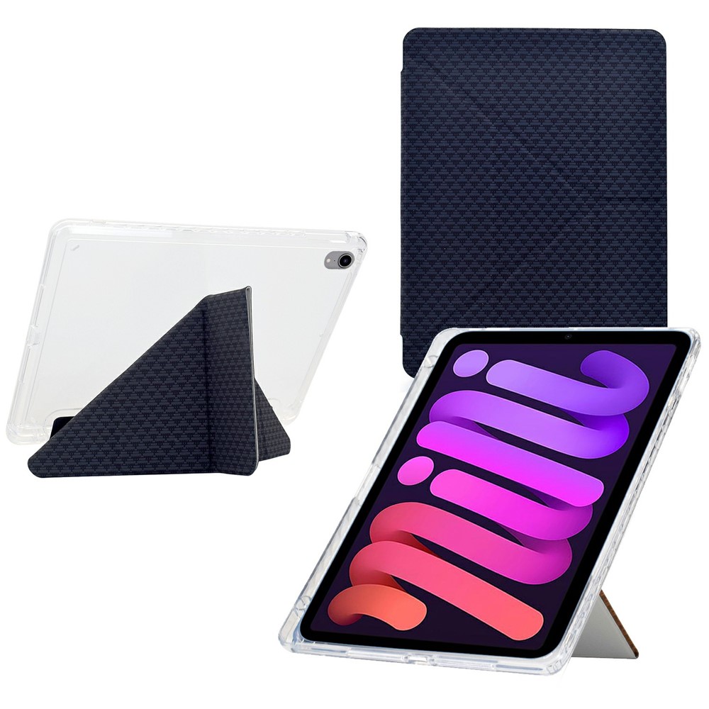 For iPad mini (2024) / (2021) Case Y-Fold Stand Pyramid-patterned Leather + Clear Acrylic Tablet Cover with Pencil Holder - Black