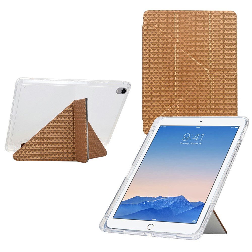 Tablet Case For iPad 9.7-inch (2018) / (2017) / Air 2 / Air (2013) , Y-Fold Stand Pyramid-Patterned Leather + Clear Acrylic Cover - Gold