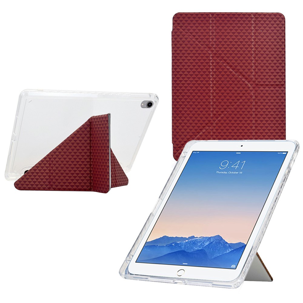 Tablet Case For iPad 9.7-inch (2018) / (2017) / Air 2 / Air (2013) , Y-Fold Stand Pyramid-patterned Leather + Clear Acrylic Cover - Red