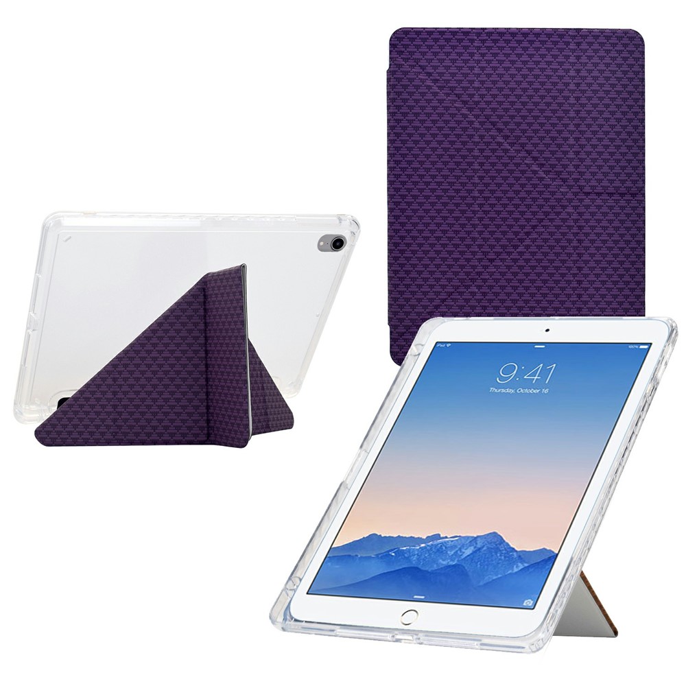 Tablet Case For iPad 9.7-inch (2018) / (2017) / Air 2 / Air (2013) , Y-Fold Stand Pyramid-patterned Leather + Clear Acrylic Cover - Purple