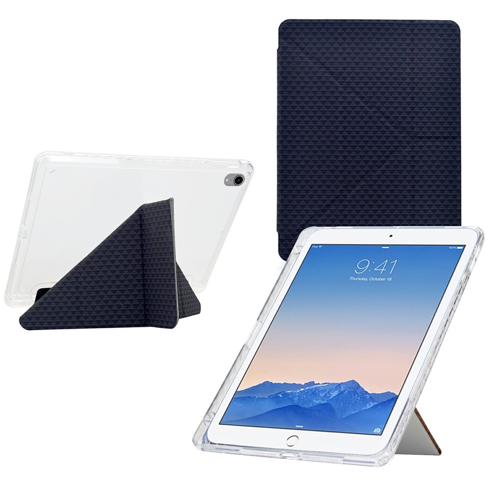 Tablet Case For iPad 9.7-inch (2018) / (2017) / Air 2 / Air (2013) , Y-Fold Stand Pyramid-patterned Leather + Clear Acrylic Cover - Black
