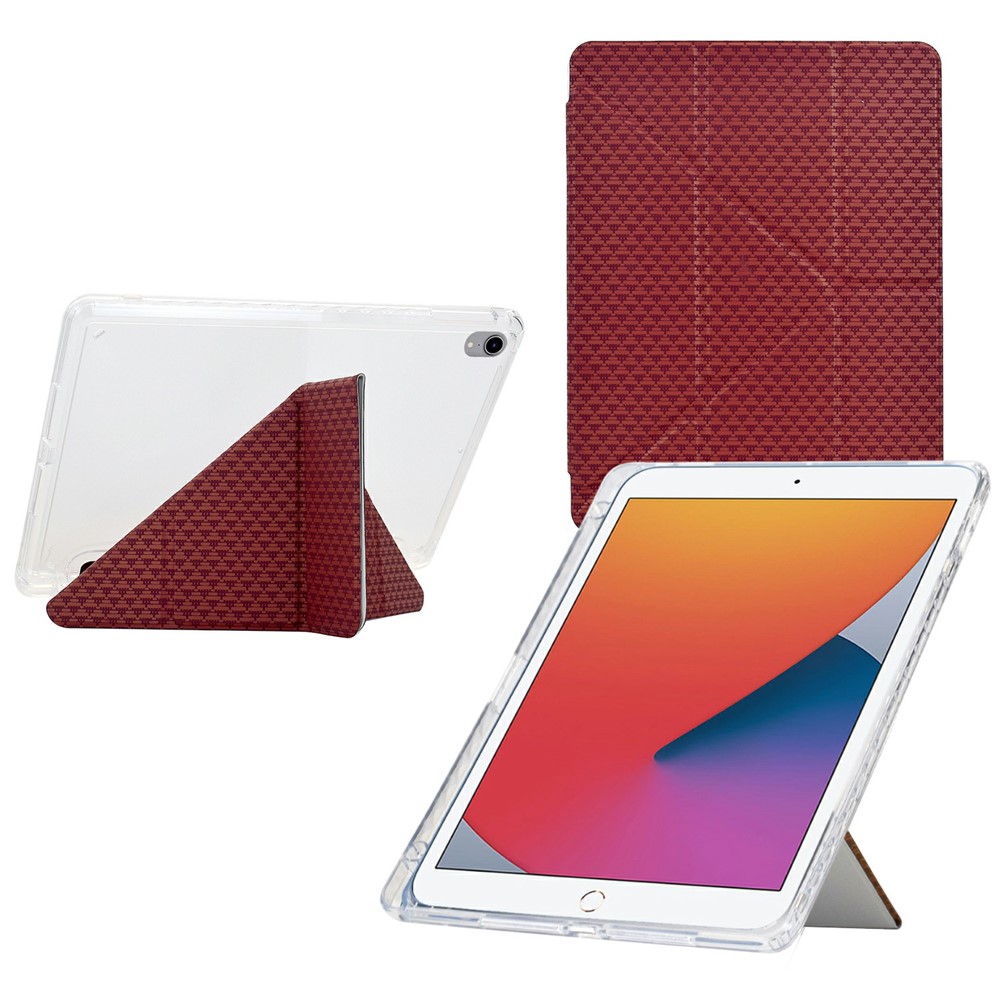 Tablet Case For iPad 10.2 (2020) / (2019) / Air 10.5 inch (2019) , Y-Fold Stand Pyramid-Patterned Leather + Clear Acrylic Cover - Red