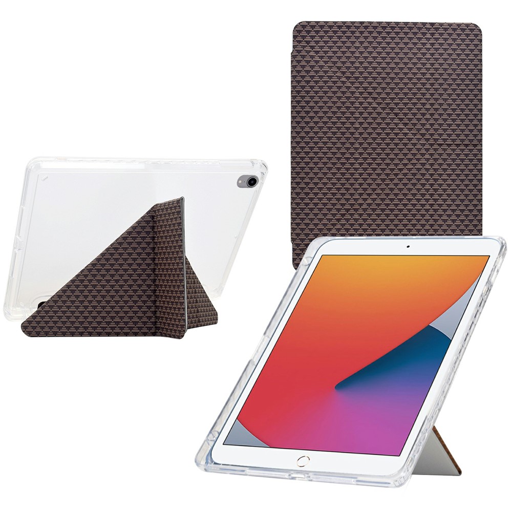 Tablet Case For iPad 10.2 (2020) / (2019) / Air 10.5 inch (2019) , Y-Fold Stand Pyramid-Patterned Leather + Clear Acrylic Cover - Brown