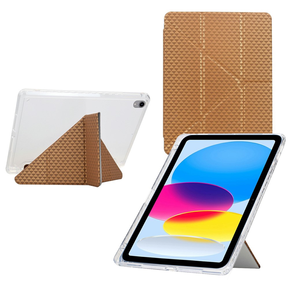 For iPad (2025) / 10.9 (2022) Case Y-Fold Stand Pyramid-Patterned Leather + Clear Acrylic Tablet Cover with Pencil Holder - Gold