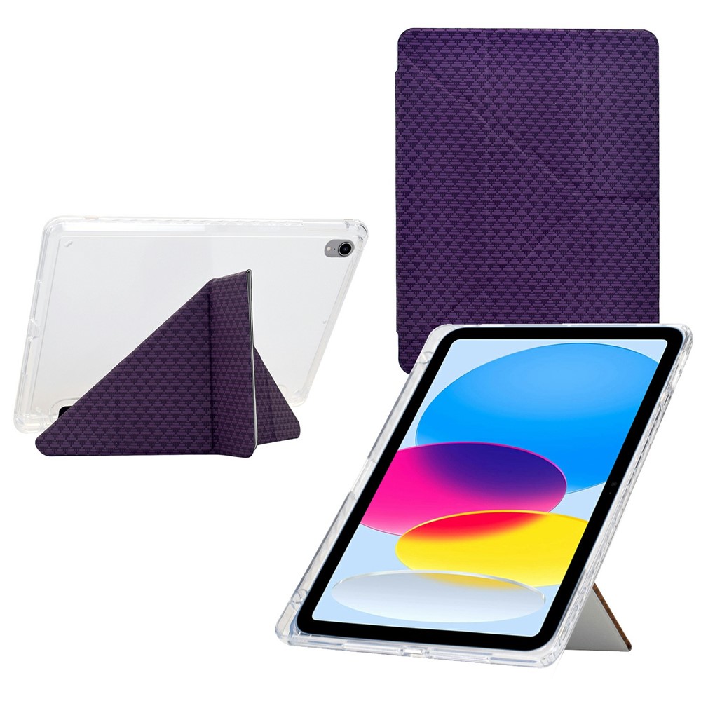For iPad (2025) / 10.9 (2022) Case Y-Fold Stand Pyramid-patterned Leather + Clear Acrylic Tablet Cover with Pencil Holder - Purple