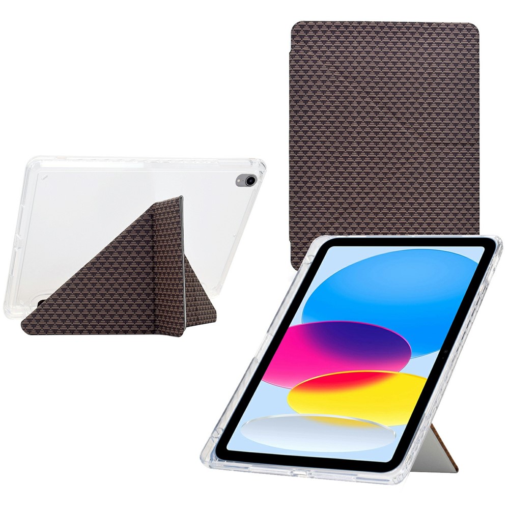 For iPad (2025) / 10.9 (2022) Case Y-Fold Stand Pyramid-patterned Leather + Clear Acrylic Tablet Cover with Pencil Holder - Brown