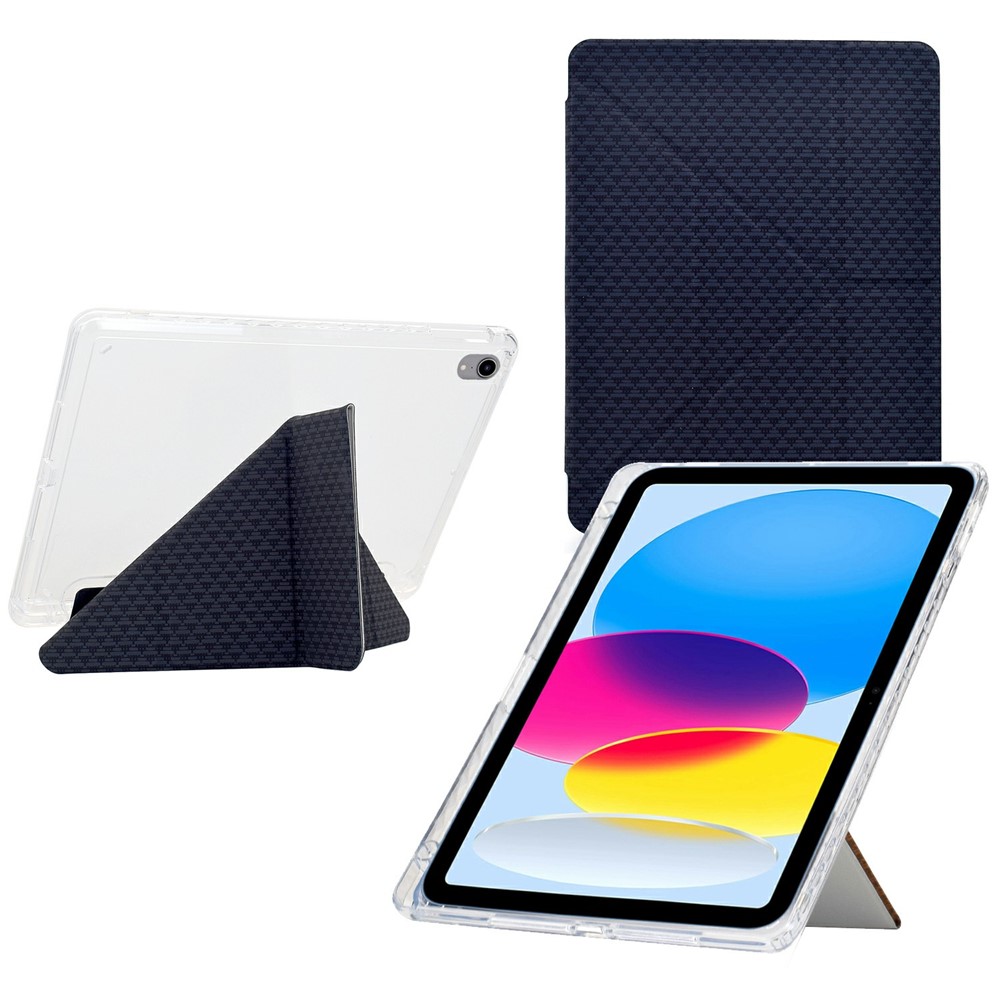 For iPad (2025) / 10.9 (2022) Case Y-Fold Stand Pyramid-patterned Leather + Clear Acrylic Tablet Cover with Pencil Holder - Black