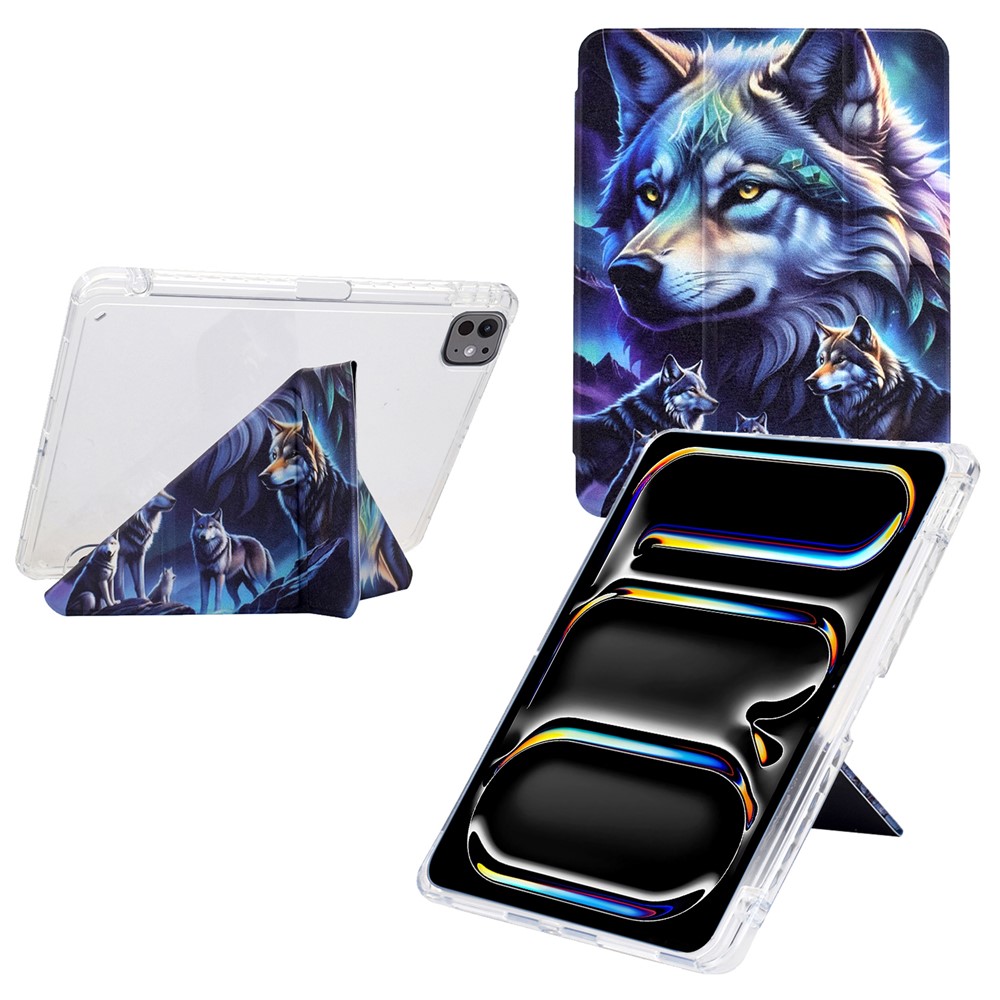 For iPad Pro 11 (2024) Case Y-Fold Stand Pattern Print Leather + Clear Acrylic Tablet Cover with Pencil Holder - Phantom Wolf