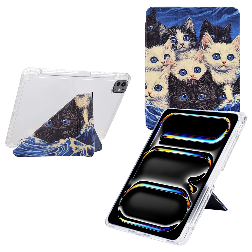 For iPad Pro 11 (2024) Case Y-Fold Stand Pattern Print Leather + Clear Acrylic Tablet Cover with Pencil Holder - Cats