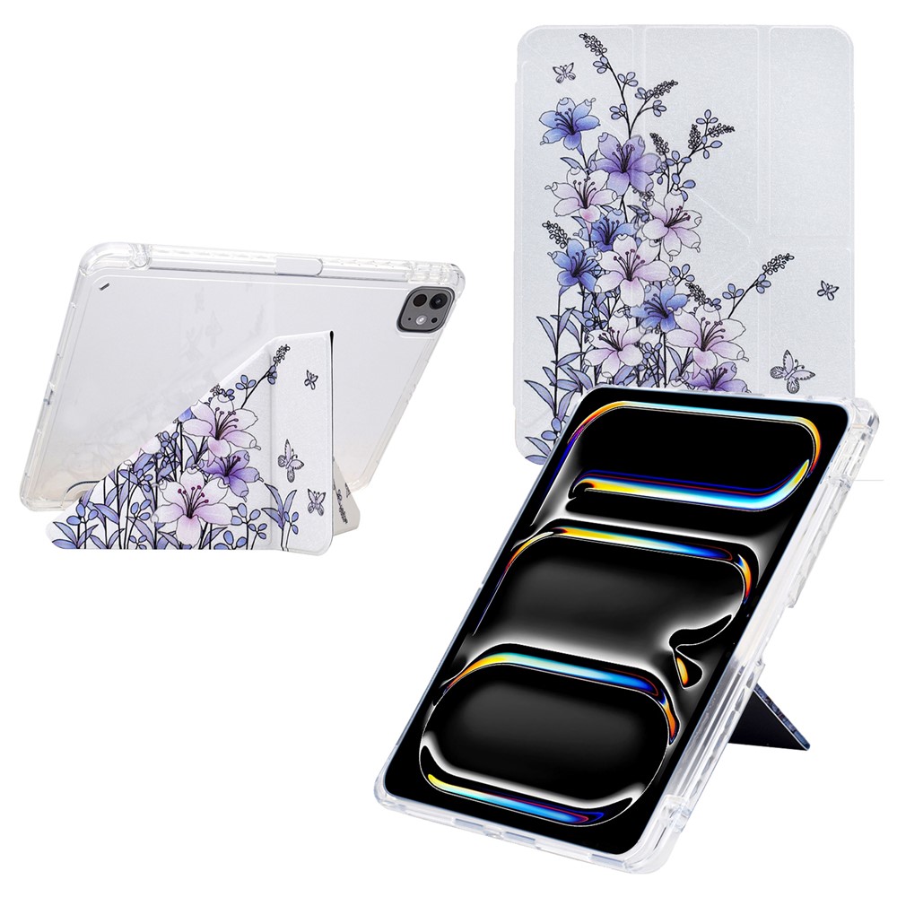 For iPad Pro 11 (2024) Case Y-Fold Stand Pattern Print Leather + Clear Acrylic Tablet Cover with Pencil Holder - Purple Flower