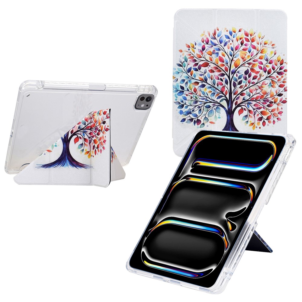 For iPad Pro 11 (2024) Case Y-Fold Stand Pattern Print Leather + Clear Acrylic Tablet Cover with Pencil Holder - Colorful Tree