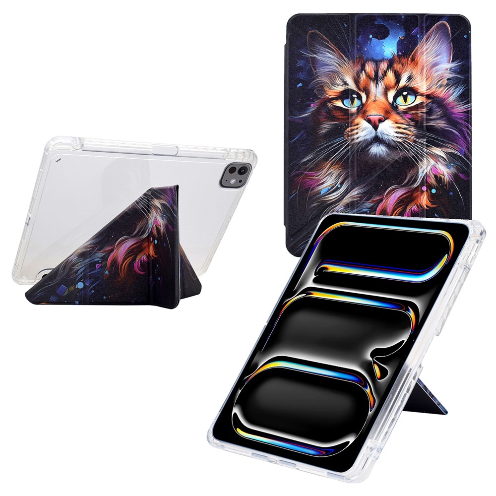 For iPad Pro 11 (2024) Case Y-Fold Stand Pattern Print Leather + Clear Acrylic Tablet Cover with Pencil Holder - Sea Cat