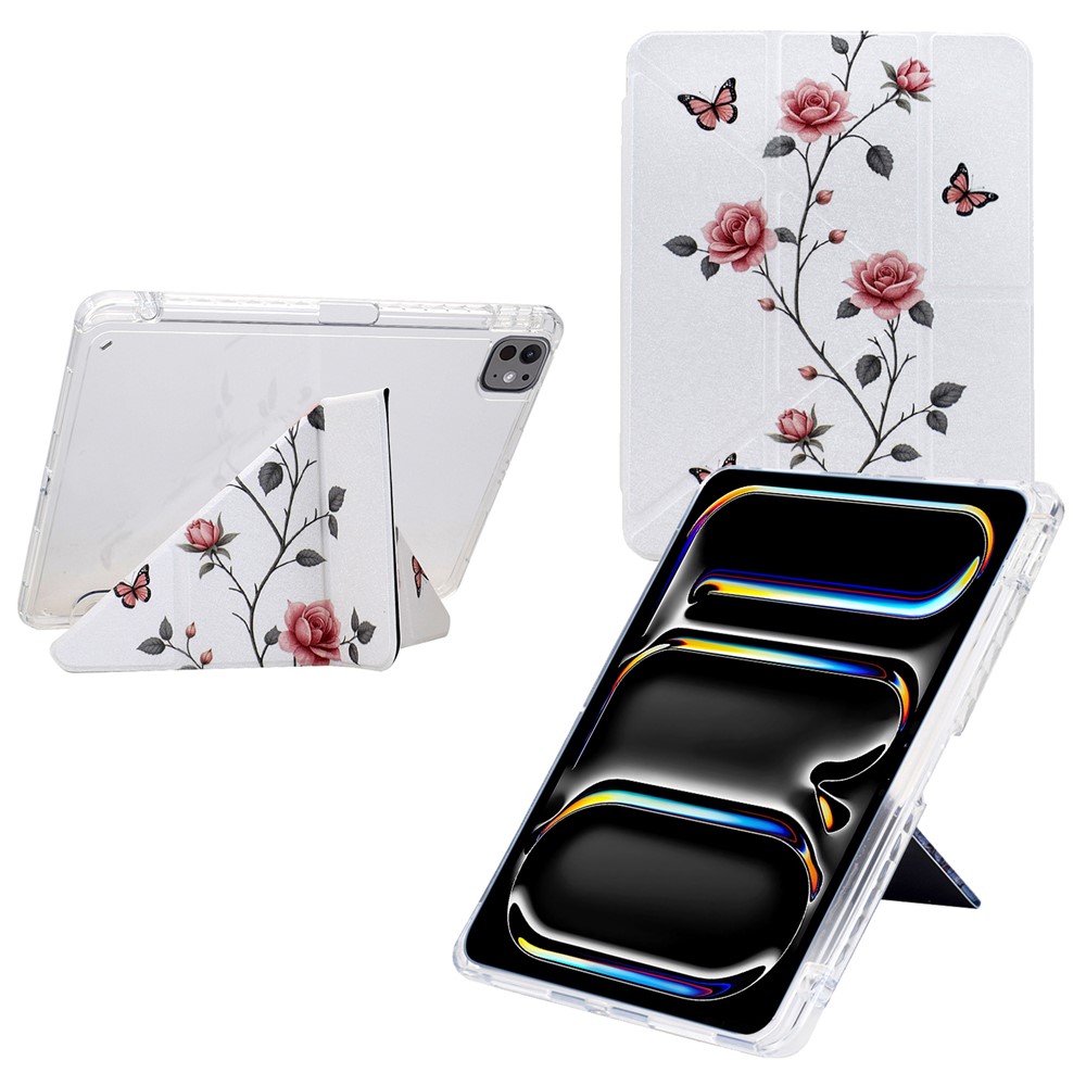 For iPad Pro 11 (2024) Case Y-Fold Stand Pattern Print Leather + Clear Acrylic Tablet Cover with Pencil Holder - Rose Butterfly