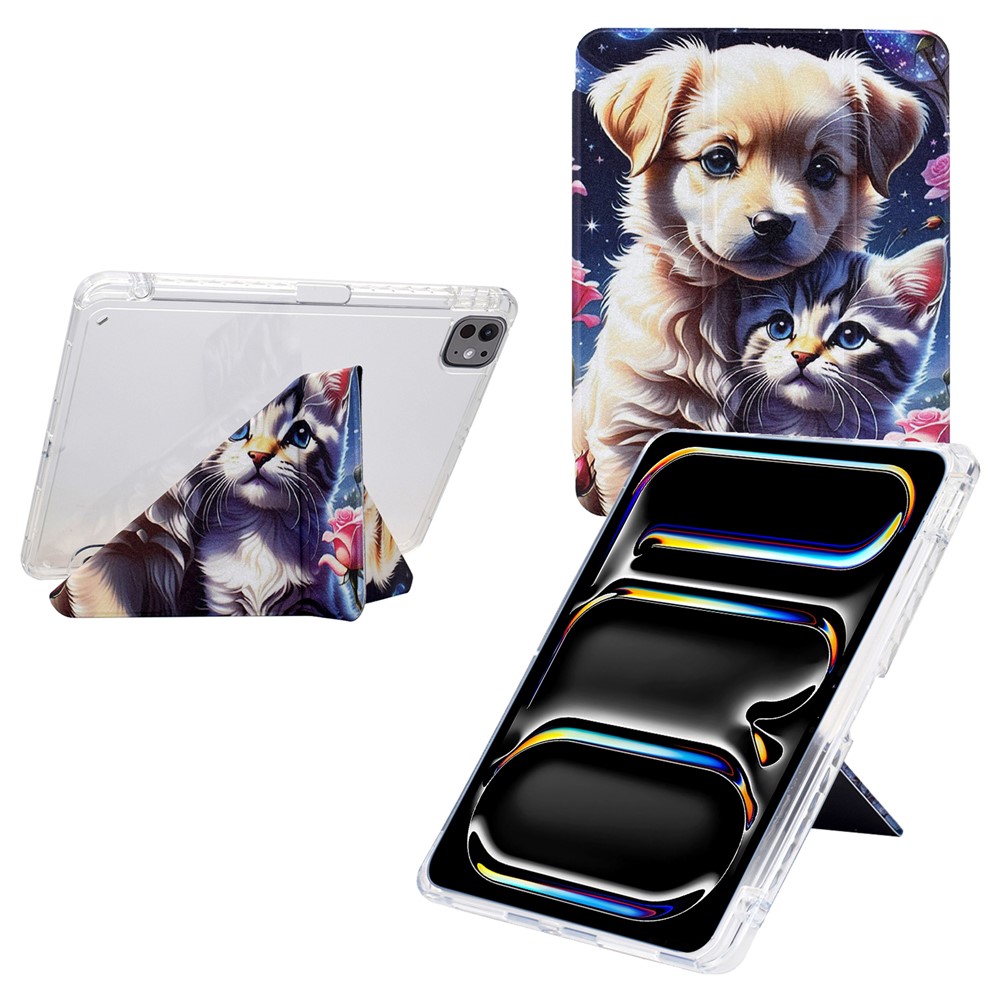 For iPad Pro 11 (2024) Case Y-Fold Stand Pattern Print Leather + Clear Acrylic Tablet Cover with Pencil Holder - Cat and Dog
