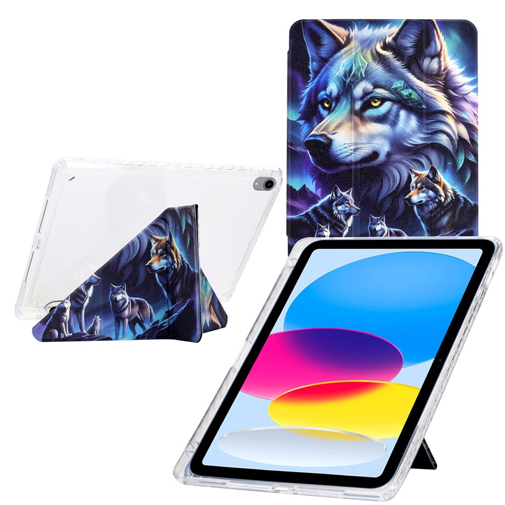 For iPad (2025) / 10.9 (2022) Case Y-Fold Stand Pattern Print Leather + Clear Acrylic Tablet Cover with Pencil Holder - Phantom Wolf