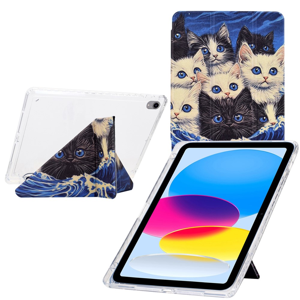 For iPad (2025) / 10.9 (2022) Case Y-Fold Stand Pattern Print Leather + Clear Acrylic Tablet Cover with Pencil Holder - Cats