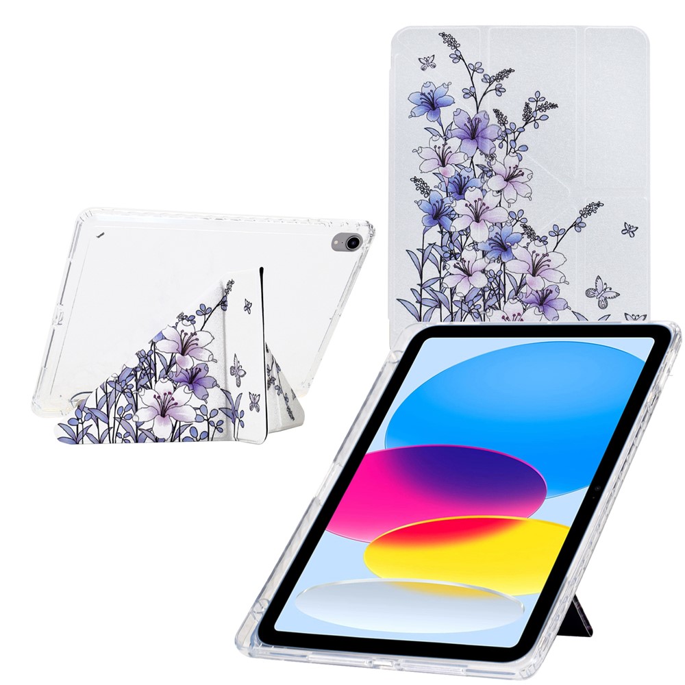 For iPad (2025) / 10.9 (2022) Case Y-Fold Stand Pattern Print Leather + Clear Acrylic Tablet Cover with Pencil Holder - Purple Flower