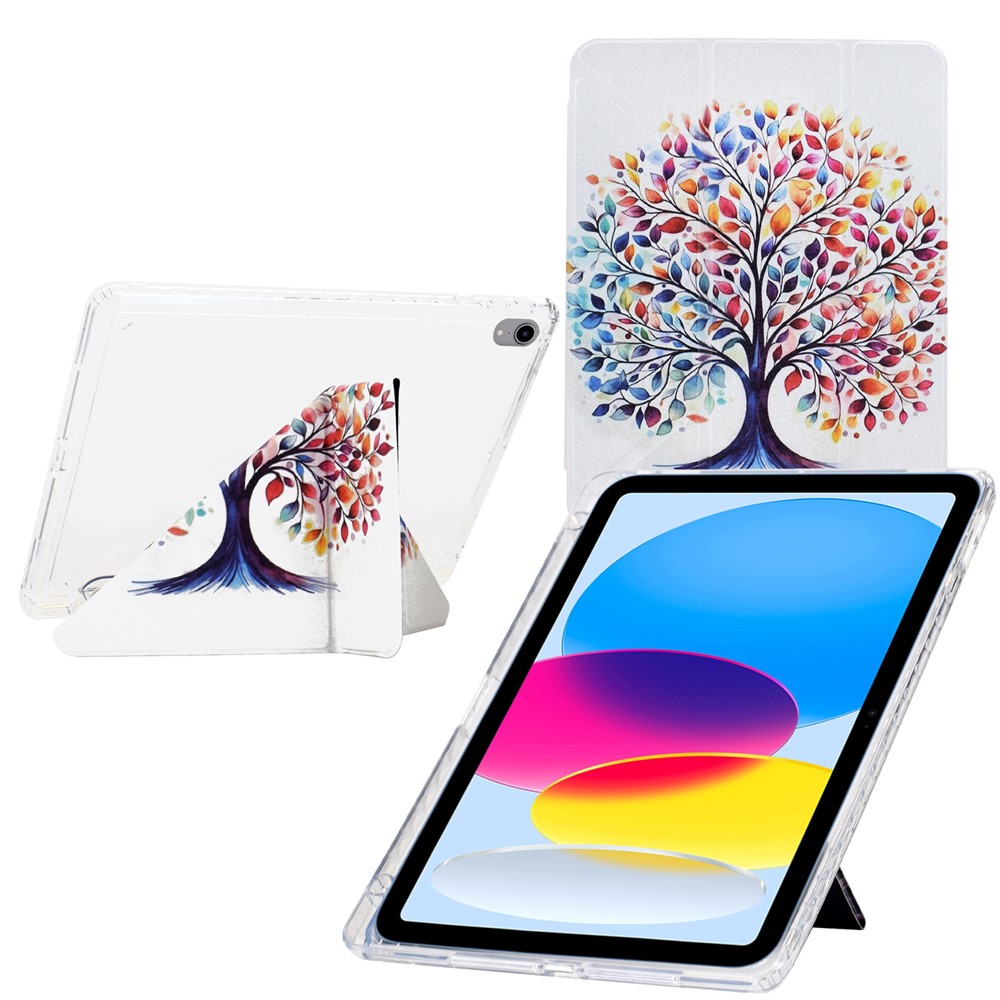 For iPad (2025) / 10.9 (2022) Case Y-Fold Stand Pattern Print Leather + Clear Acrylic Tablet Cover with Pencil Holder - Colorful Tree