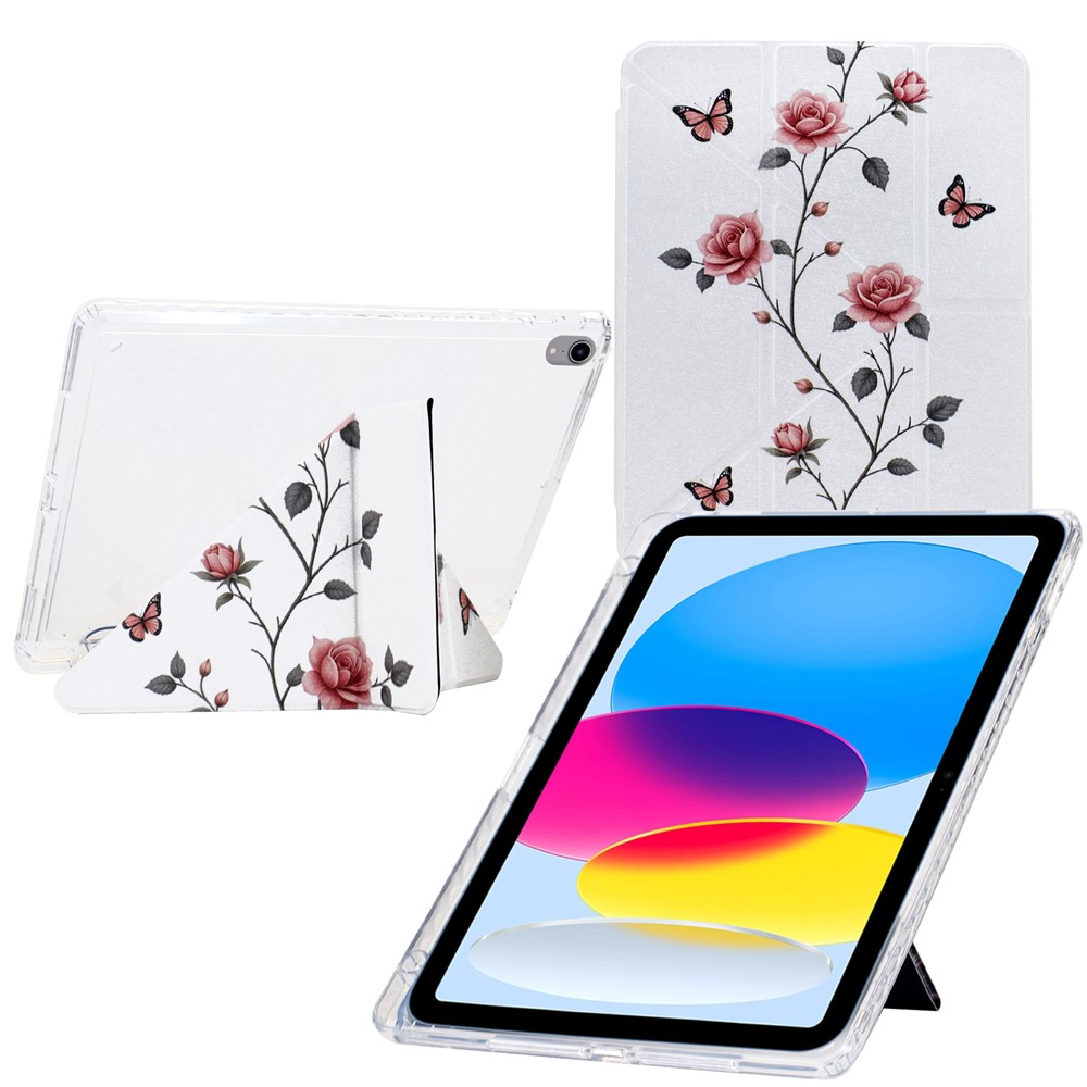 For iPad (2025) / 10.9 (2022) Case Y-Fold Stand Pattern Print Leather + Clear Acrylic Tablet Cover with Pencil Holder - Rose Butterfly