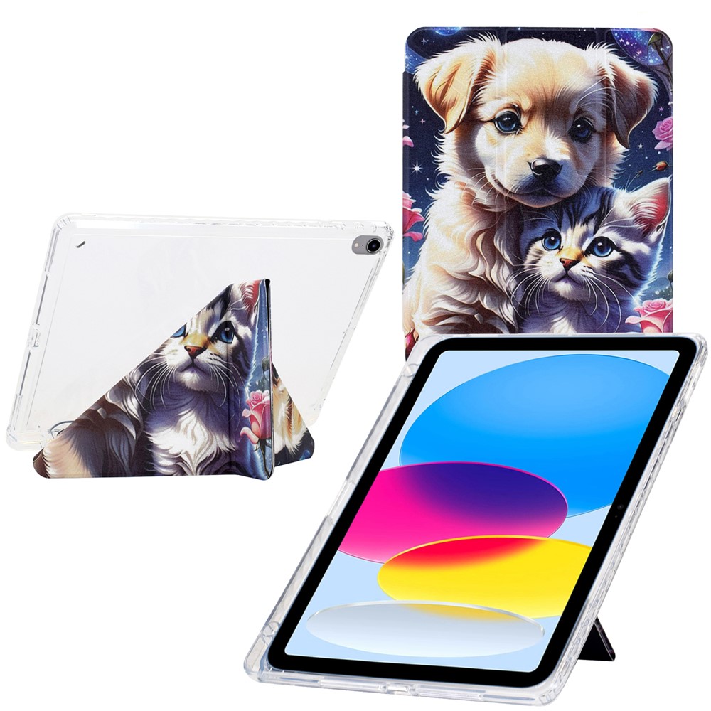 For iPad (2025) / 10.9 (2022) Case Y-Fold Stand Pattern Print Leather + Clear Acrylic Tablet Cover with Pencil Holder - Cat and Dog