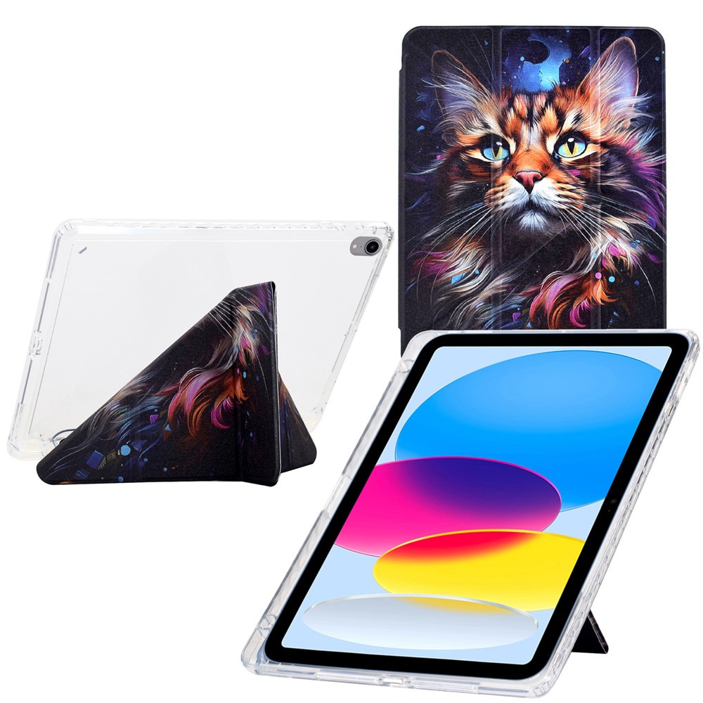 For iPad (2025) / 10.9 (2022) Case Y-Fold Stand Pattern Print Leather + Clear Acrylic Tablet Cover with Pencil Holder - Sea Cat