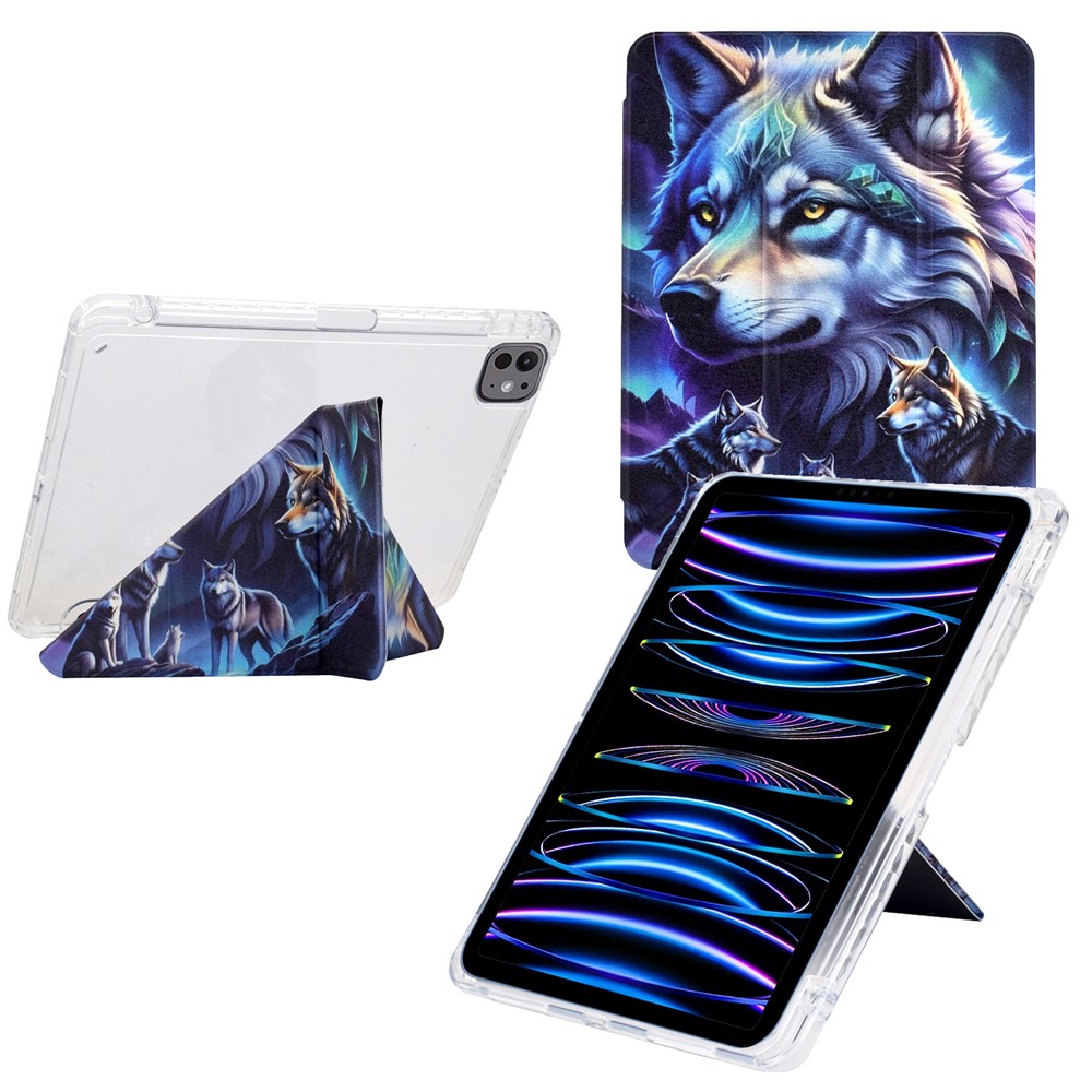 Tablet Case For iPad Pro 12.9 (2022) / (2021) / (2020) / (2018) , Stand Pattern Print Leather + Clear Acrylic Cover with Pencil Holder - Phantom Wolf