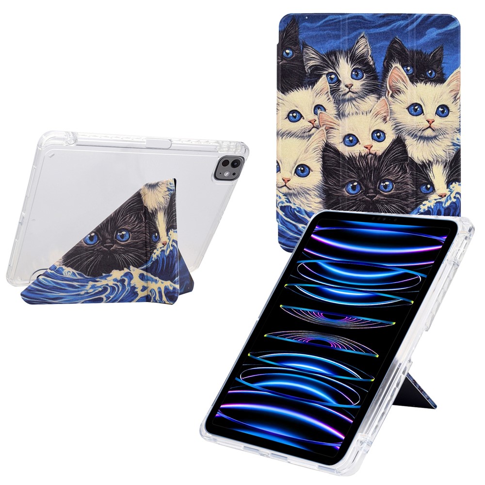 Tablet Case For iPad Pro 12.9 (2022) / (2021) / (2020) / (2018) , Stand Pattern Print Leather + Clear Acrylic Cover with Pencil Holder - Cats