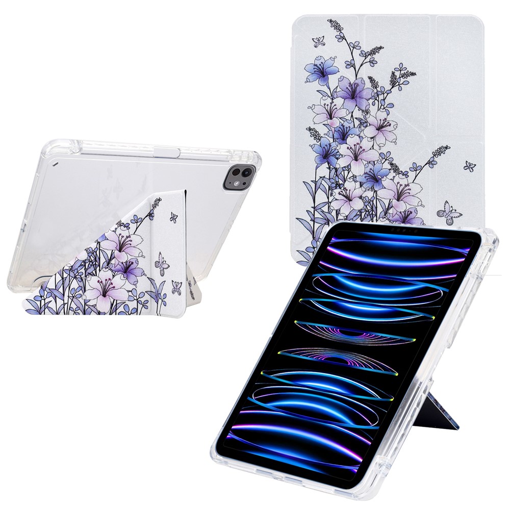 Tablet Case For iPad Pro 12.9 (2022) / (2021) / (2020) / (2018) , Stand Pattern Print Leather + Clear Acrylic Cover with Pencil Holder - Purple Flower
