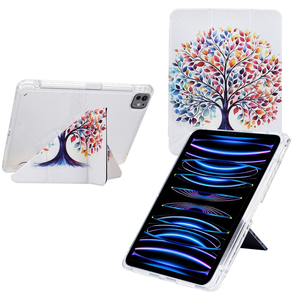 Tablet Case For iPad Pro 12.9 (2022) / (2021) / (2020) / (2018) , Stand Pattern Print Leather + Clear Acrylic Cover with Pencil Holder - Colorful Tree