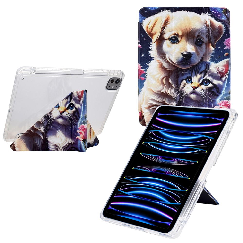 Tablet Case For iPad Pro 12.9 (2022) / (2021) / (2020) / (2018) , Stand Pattern Print Leather + Clear Acrylic Cover with Pencil Holder - Cat and Dog