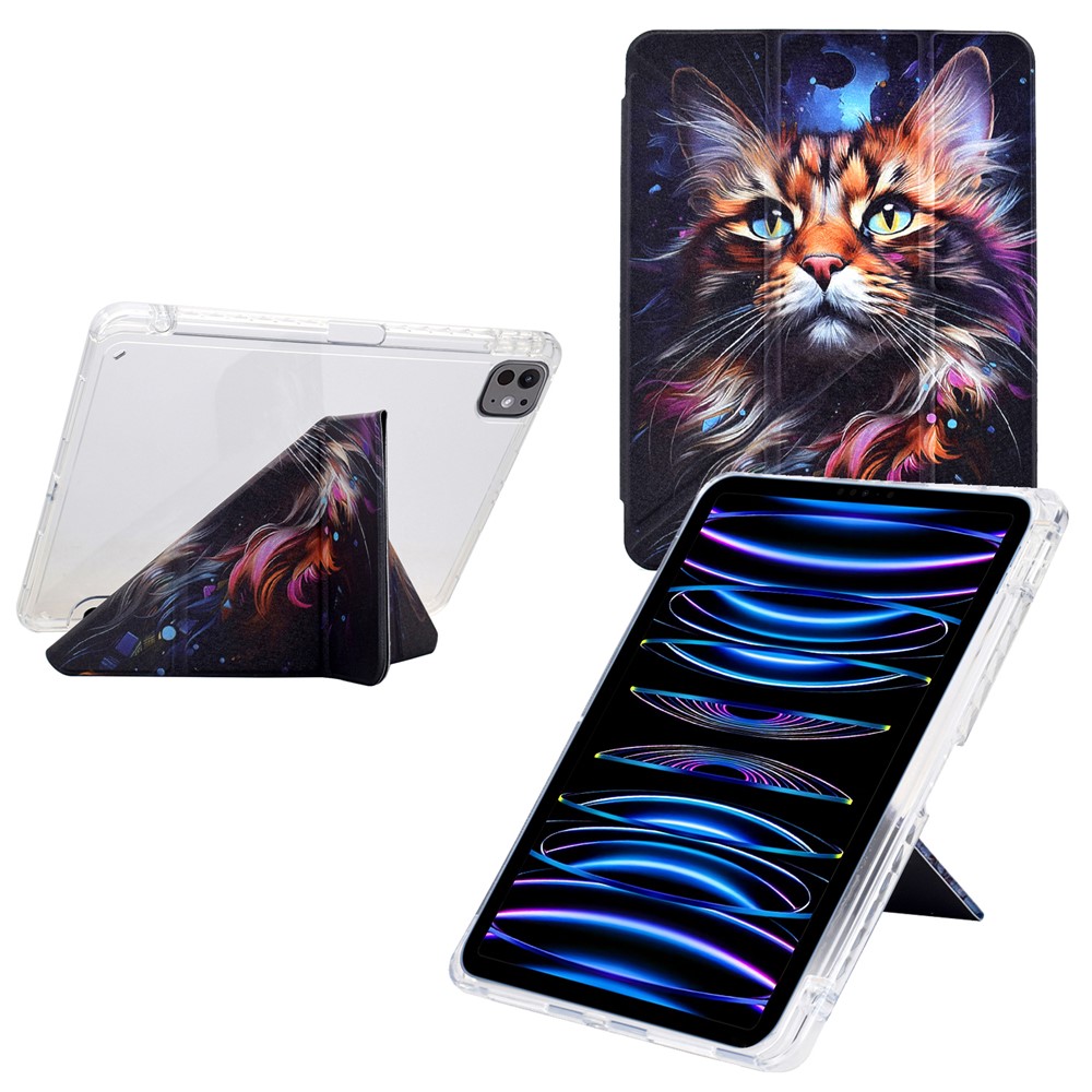 Tablet Case For iPad Pro 12.9 (2022) / (2021) / (2020) / (2018) , Stand Pattern Print Leather + Clear Acrylic Cover with Pencil Holder - Sea Cat