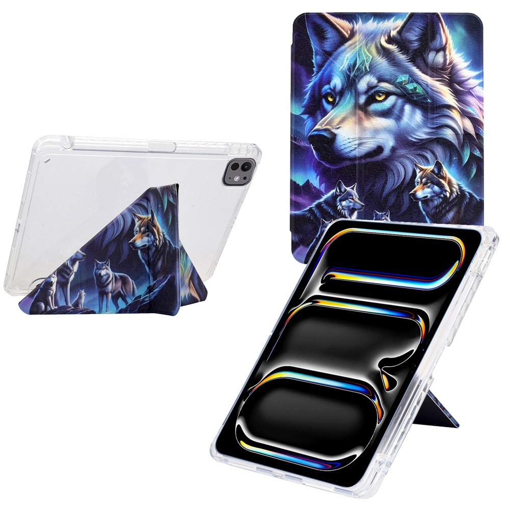 For iPad Pro 13 (2024) Case Y-Fold Stand Pattern Print Leather + Clear Acrylic Tablet Cover with Pencil Holder - Phantom Wolf