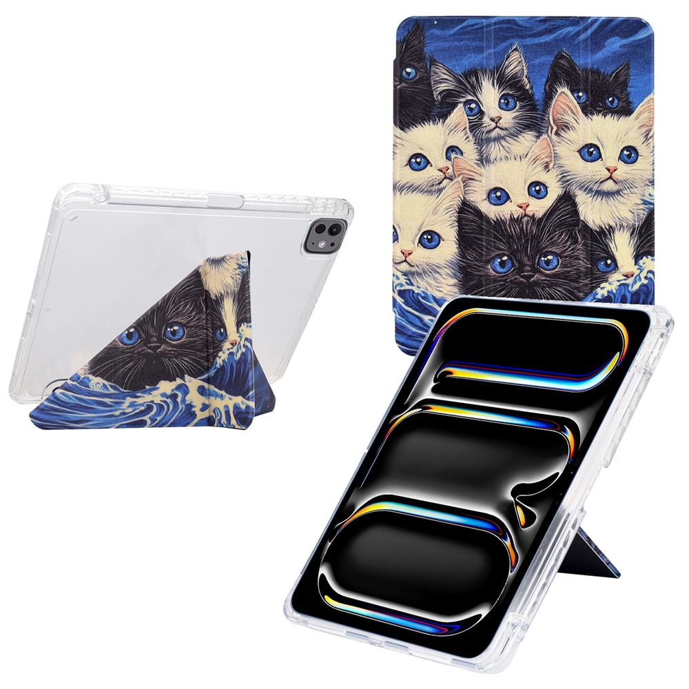 For iPad Pro 13 (2024) Case Y-Fold Stand Pattern Print Leather + Clear Acrylic Tablet Cover with Pencil Holder - Cats