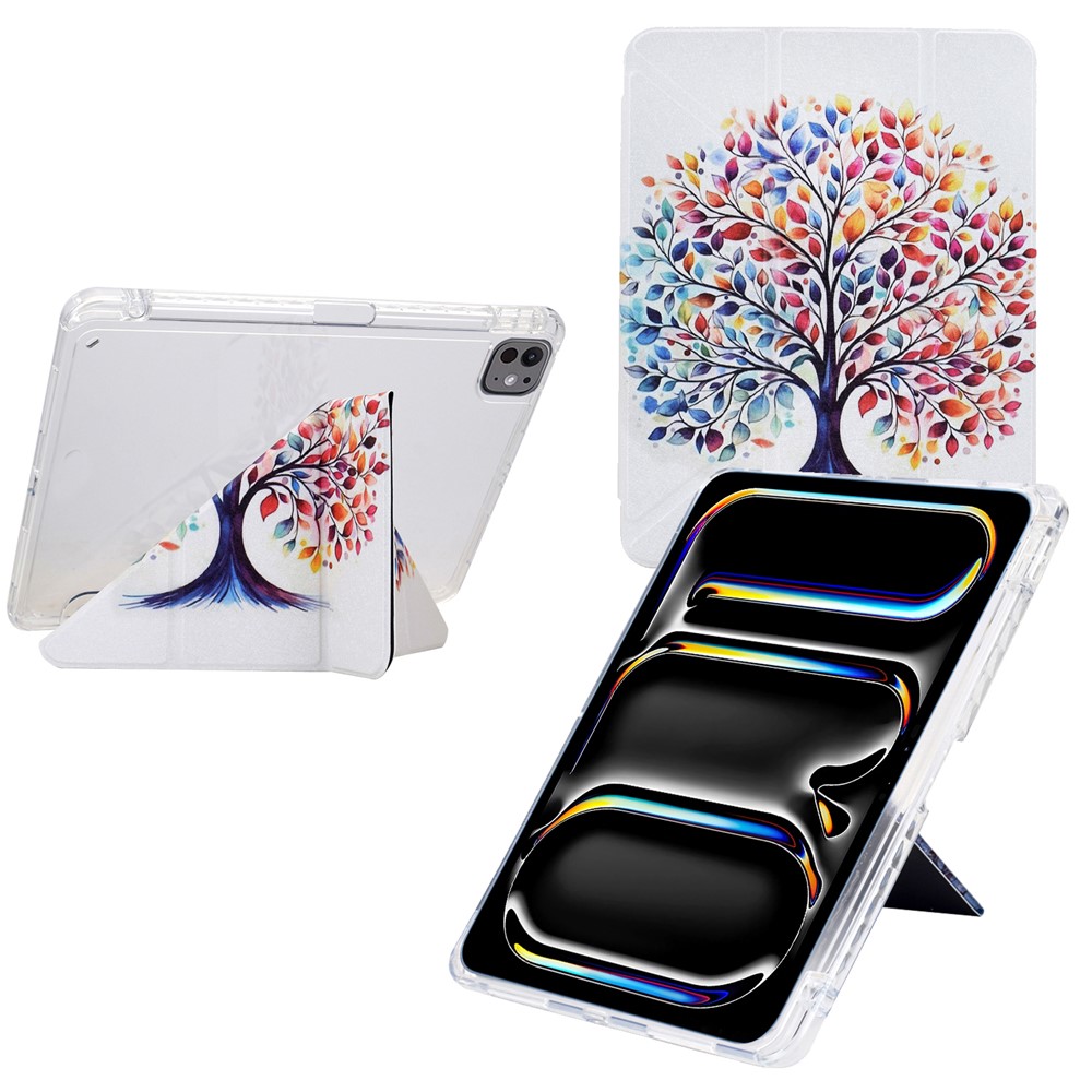 For iPad Pro 13 (2024) Case Y-Fold Stand Pattern Print Leather + Clear Acrylic Tablet Cover with Pencil Holder - Colorful Tree