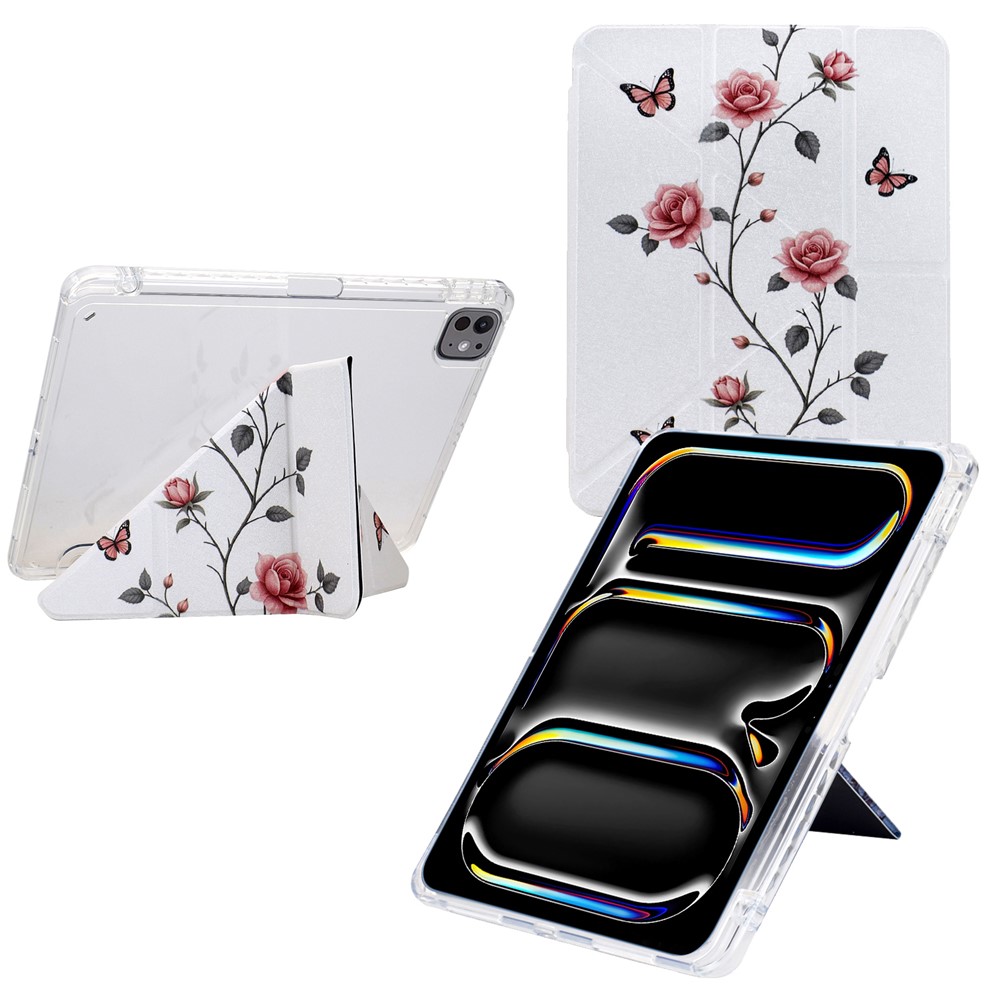 For iPad Pro 13 (2024) Case Y-Fold Stand Pattern Print Leather + Clear Acrylic Tablet Cover with Pencil Holder - Rose Butterfly