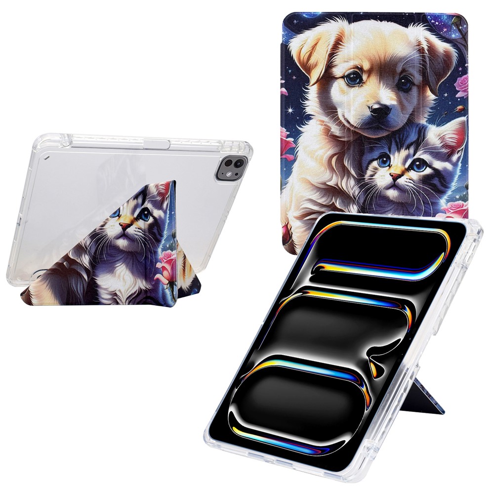 For iPad Pro 13 (2024) Case Y-Fold Stand Pattern Print Leather + Clear Acrylic Tablet Cover with Pencil Holder - Cat and Dog