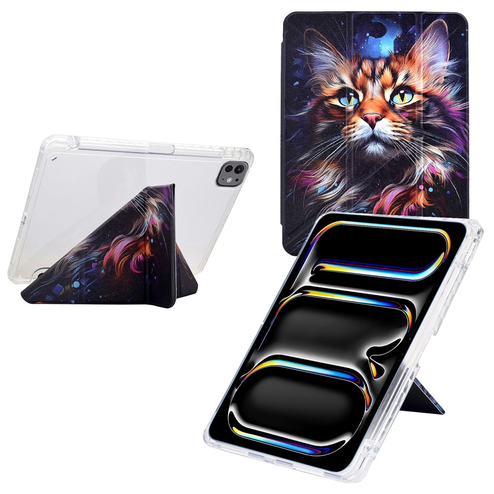 For iPad Pro 13 (2024) Case Y-Fold Stand Pattern Print Leather + Clear Acrylic Tablet Cover with Pencil Holder - Sea Cat