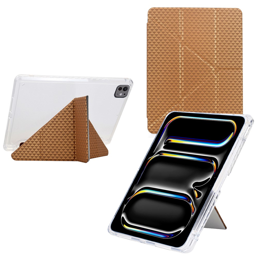 For iPad Pro 11 (2024) Case Y-Fold Stand Pyramid-Patterned Leather + Clear Acrylic Tablet Cover with Pencil Holder - Gold