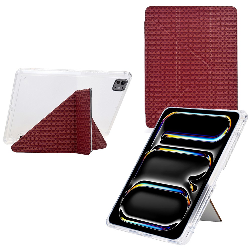 For iPad Pro 11 (2024) Case Y-Fold Stand Pyramid-Patterned Leather + Clear Acrylic Tablet Cover with Pencil Holder - Red