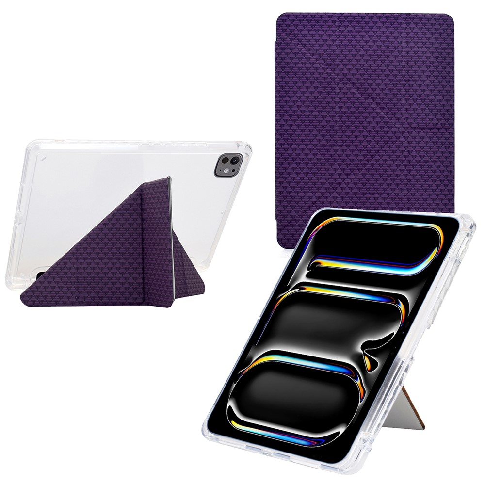 For iPad Pro 11 (2024) Case Y-Fold Stand Pyramid-Patterned Leather + Clear Acrylic Tablet Cover with Pencil Holder - Purple