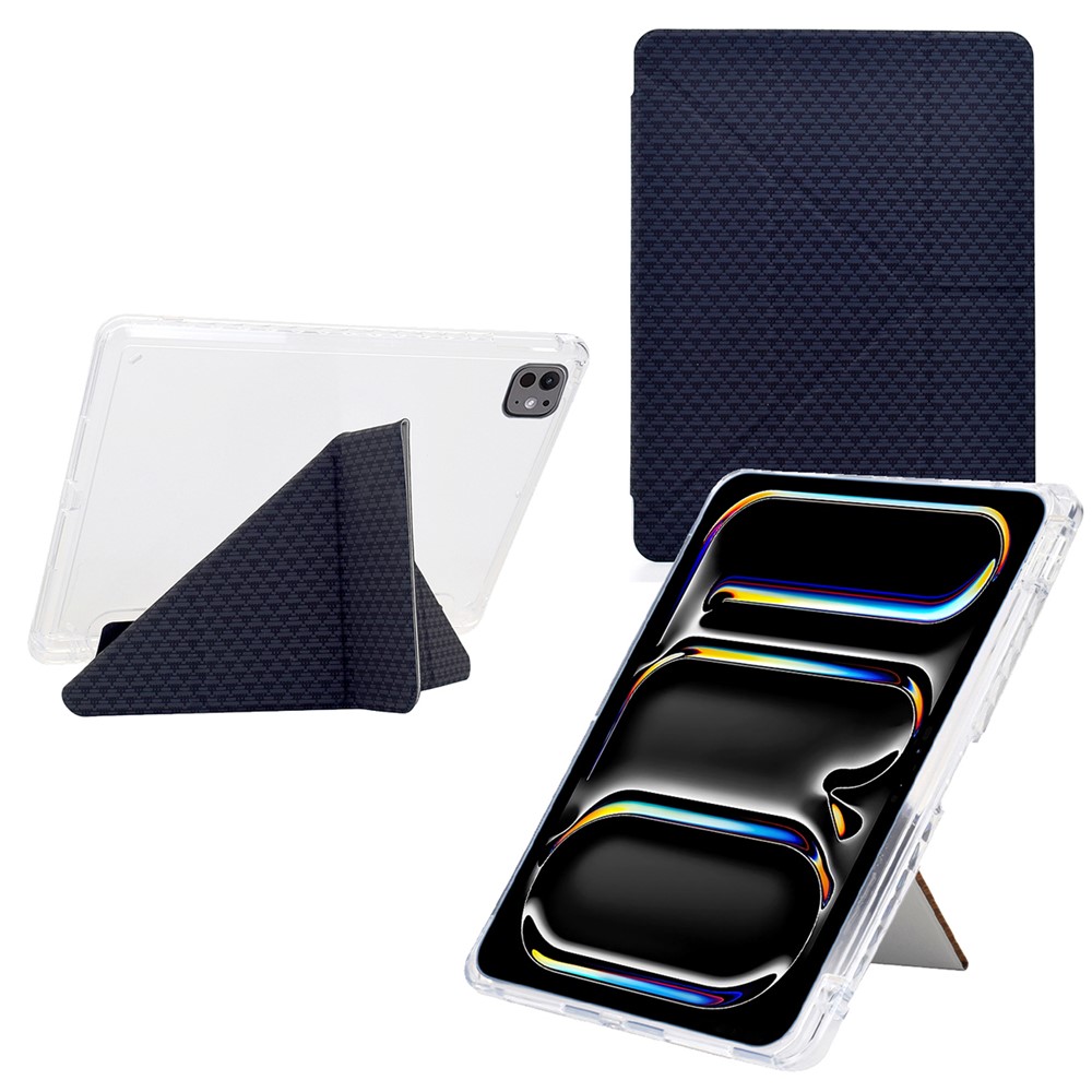 For iPad Pro 11 (2024) Case Y-Fold Stand Pyramid-Patterned Leather + Clear Acrylic Tablet Cover with Pencil Holder - Black