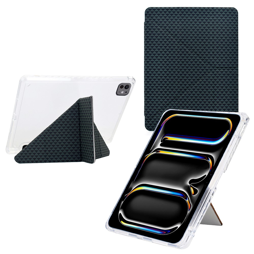 For iPad Pro 11 (2024) Case Y-Fold Stand Pyramid-Patterned Leather + Clear Acrylic Tablet Cover with Pencil Holder - Green