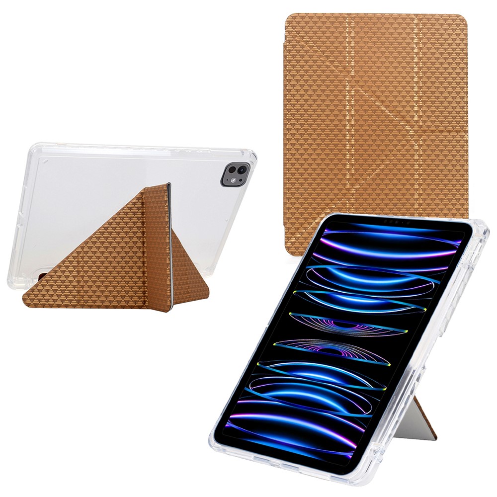 Tablet Case For iPad Pro 12.9 (2022) / (2021) / (2020) / (2018) , Y-Fold Stand Pyramid-Patterned Leather + Clear Acrylic Cover with Pencil Holder - Gold