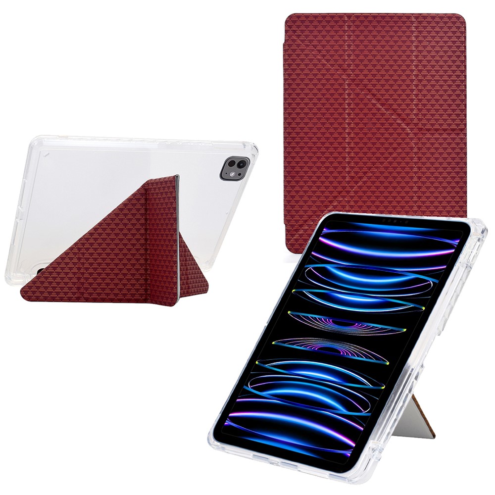 Tablet Case For iPad Pro 12.9 (2022) / (2021) / (2020) / (2018) , Y-Fold Stand Pyramid-Patterned Leather + Clear Acrylic Cover with Pencil Holder - Red